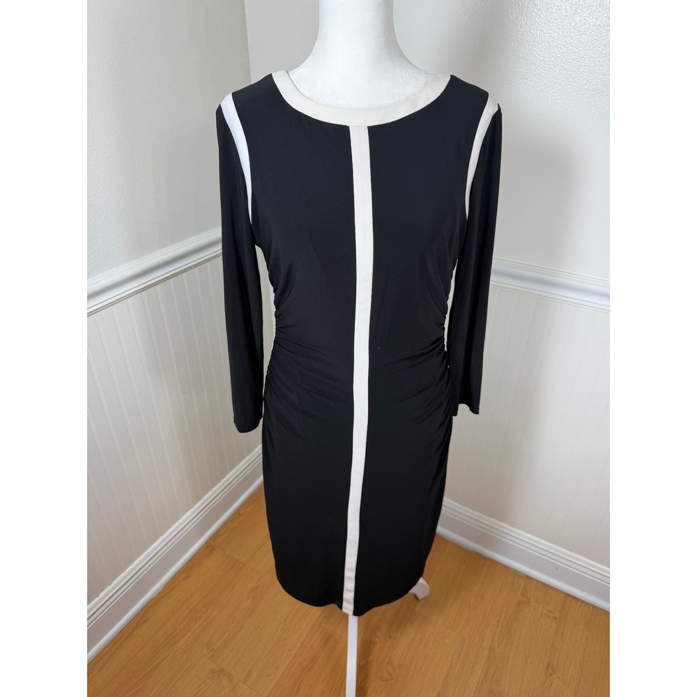 Lauren Ralph‎ Lauren Sheath Dress Women Size 6 B/W Colorblock Ruched Long Sleeve